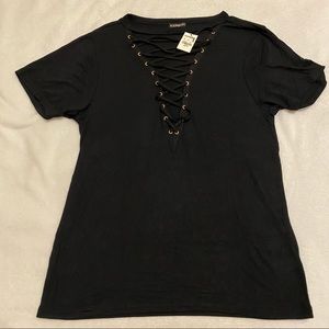 Express Lace Up V-Neck T-Shirt - Black